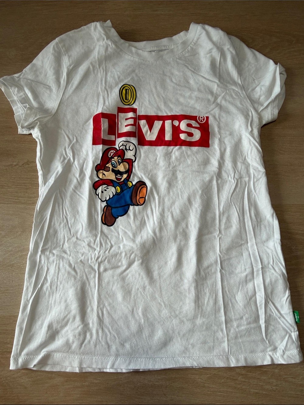 Levi's White Tee with Red Logo and Colorful Mario Print